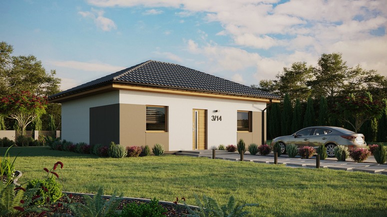 ERDOL 2 - Version Rechts (Wohnzimmer auf der rechten Seite) - Walmdach ohne ausgebautem Dachboden - Dachneigung 25 Grad - keine Dachfenster - Standard - Styropor, Netz, Kleber - Winchester