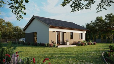 ERDOL 2 - Version Rechts (Wohnzimmer auf der rechten Seite) - Satteldach ohne ausgebautem Dachboden -Dachneigung  25 Grad - keine Dachfenster - Balkontür im Esszimmer - Styropor, Netz, Kleber - Nusbaum - Ohne