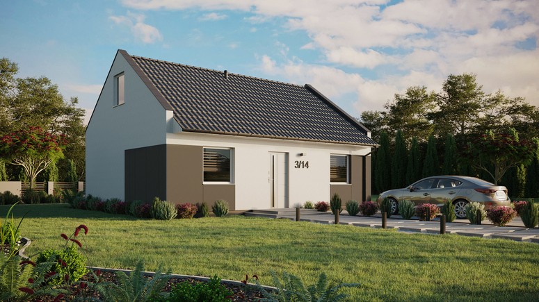 ERDOL 2 - Version Rechts (Wohnzimmer auf der rechten Seite) - Modernes Satteldach mit ausgebautem Dachboden -Dachneigung  35 Grad - keine Dachfenster - Standard - Styropor, Netz, Kleber - Weiß - Ohne