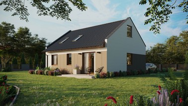 ERDOL 2 - Version Links (Wohnzimmer auf der linken Seite) - Modernes Satteldach mit ausgebautem Dachboden -Dachneigung  35 Grad - Dachfenster für Zimmer und Badezimmer - Standard - Styropor, Netz, Kleber - Goldene Eiche - Ohne