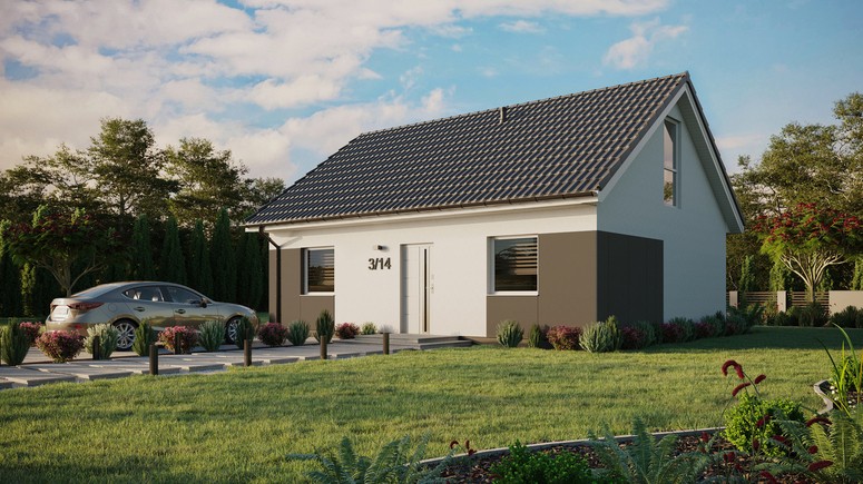 ERDOL 2 - Version Links (Wohnzimmer auf der linken Seite) - Satteldach mit ausgebautem Dachboden -Dachneigung  35 Grad - keine Dachfenster - Bodentiefes Fenster im Dachgeschoss - Styropor, Netz, Kleber - Weiß - Ohne