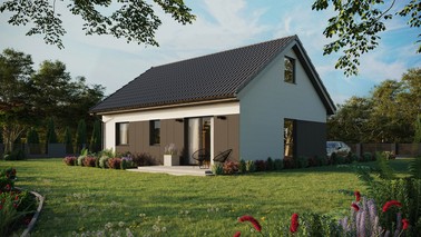 ERDOL 2 - Version Links (Wohnzimmer auf der linken Seite) - Satteldach mit ausgebautem Dachboden -Dachneigung  35 Grad - keine Dachfenster - Balkontür im Esszimmer - Styropor, Netz, Kleber - Anthrazit - Ohne