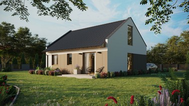 ERDOL 2 - Version Links (Wohnzimmer auf der linken Seite) - Modernes Satteldach mit ausgebautem Dachboden -Dachneigung  35 Grad - keine Dachfenster - Balkontür im Esszimmer und Bodentiefes Fenster im Dachgeschoss - Styropor, Netz, Kleber - Winchester - Ohne