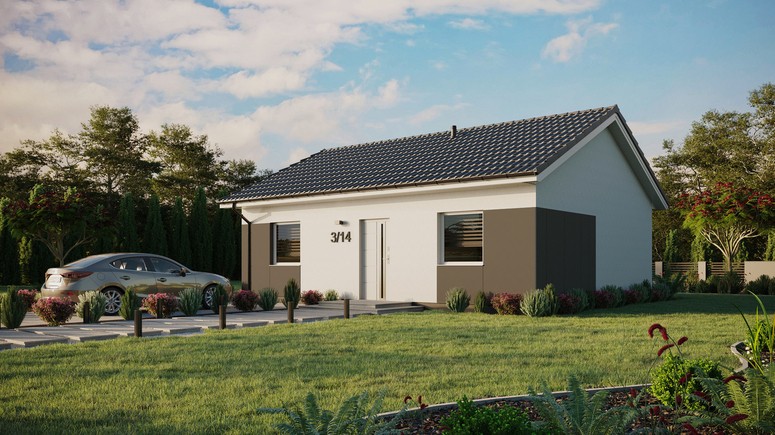 ERDOL 2 - Version Links (Wohnzimmer auf der linken Seite) - Satteldach ohne ausgebautem Dachboden -Dachneigung  25 Grad - keine Dachfenster - Standard - Styropor, Netz, Kleber - Weiß - Ohne