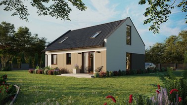 ERDOL 2 - Version Links (Wohnzimmer auf der linken Seite) - Modernes Satteldach mit ausgebautem Dachboden -Dachneigung  35 Grad - Zwei-Zimmer-Dachfenster - Balkontür im Esszimmer und Bodentiefes Fenster im Dachgeschoss - Styropor, Netz, Kleber - Nusbaum - Photovoltaik-Installation 6,4 kWp (16 Paneele)