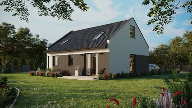 ERDOL 2 - Version Links (Wohnzimmer auf der linken Seite) - Modernes Satteldach mit ausgebautem Dachboden -Dachneigung  35 Grad - Zwei-Zimmer-Dachfenster - Balkontür im Esszimmer - Styropor, Netz, Kleber - Anthrazit - Ohne