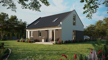 ERDOL 2 - Version Links (Wohnzimmer auf der linken Seite) - Modernes Satteldach mit ausgebautem Dachboden -Dachneigung  35 Grad - Zwei-Zimmer-Dachfenster - Balkontür im Esszimmer und Bodentiefes Fenster im Dachgeschoss - Styropor, Netz, Kleber - Weiß - Ohne