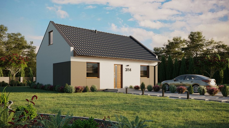 ERDOL 2 - Version Rechts (Wohnzimmer auf der rechten Seite) - Modernes Satteldach mit ausgebautem Dachboden -Dachneigung  35 Grad - keine Dachfenster - Standard - Styropor, Netz, Kleber - Goldene Eiche - Ohne