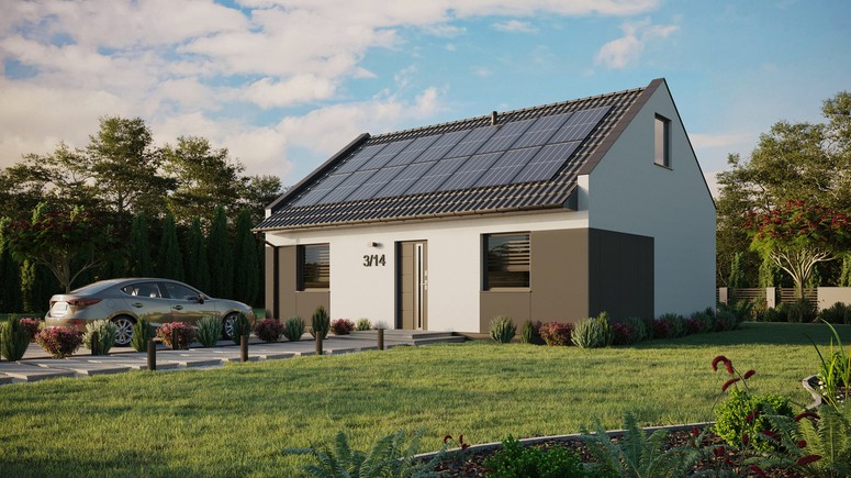 ERDOL 2 - Version Links (Wohnzimmer auf der linken Seite) - Modernes Satteldach mit ausgebautem Dachboden -Dachneigung  35 Grad - keine Dachfenster - Standard - Styropor, Netz, Kleber - Anthrazit - Photovoltaik-Installation 6,4 kWp (16 Paneele)