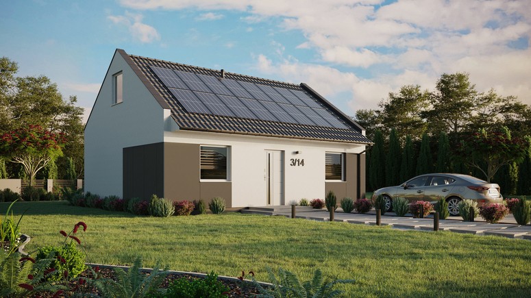 ERDOL 2 - Version Rechts (Wohnzimmer auf der rechten Seite) - Modernes Satteldach mit ausgebautem Dachboden -Dachneigung  35 Grad - keine Dachfenster - Standard - Styropor, Netz, Kleber - Weiß - Photovoltaik-Installation 6,4 kWp (16 Paneele)