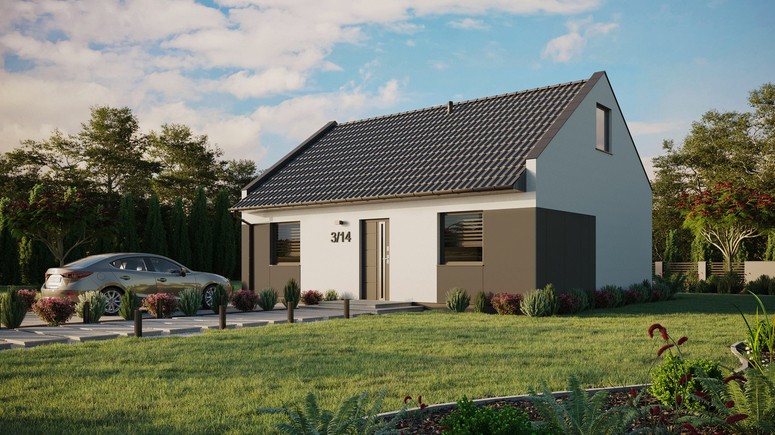 ERDOL 2 - Version Links (Wohnzimmer auf der linken Seite) - Modernes Satteldach mit ausgebautem Dachboden -Dachneigung  35 Grad - keine Dachfenster - Standard - Styropor, Netz, Kleber - Anthrazit - Ohne