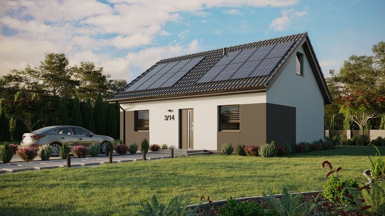 ERDOL 2 - Version Links (Wohnzimmer auf der linken Seite) - Satteldach mit ausgebautem Dachboden -Dachneigung  35 Grad - keine Dachfenster - Standard - Styropor, Netz, Kleber - Anthrazit - Photovoltaik-Installation 6,4 kWp (16 Paneele)