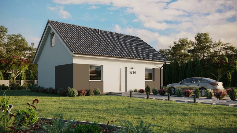 ERDOL 2 - Version Rechts (Wohnzimmer auf der rechten Seite) - Satteldach mit ausgebautem Dachboden -Dachneigung  35 Grad - keine Dachfenster - Standard - Styropor, Netz, Kleber - Weiß - Ohne