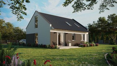 ERDOL 2 - Version Rechts (Wohnzimmer auf der rechten Seite) - Modernes Satteldach mit ausgebautem Dachboden -Dachneigung  35 Grad - Dachfenster für Zimmer und Badezimmer - Balkontür im Esszimmer und Bodentiefes Fenster im Dachgeschoss - Styropor, Netz, Kleber - Weiß - Ohne