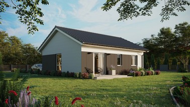 ERDOL 2 - Version Rechts (Wohnzimmer auf der rechten Seite) - Satteldach ohne ausgebautem Dachboden -Dachneigung  25 Grad - keine Dachfenster - Balkontür im Esszimmer - Styropor, Netz, Kleber - Weiß - Ohne