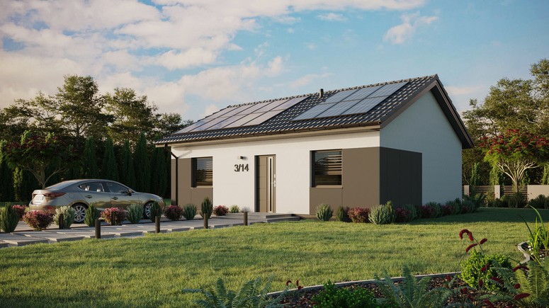 ERDOL 2 - Version Links (Wohnzimmer auf der linken Seite) - Satteldach ohne ausgebautem Dachboden -Dachneigung  25 Grad - keine Dachfenster - Standard - Styropor, Netz, Kleber - Anthrazit - Photovoltaik-Installation 6,4 kWp (16 Paneele)