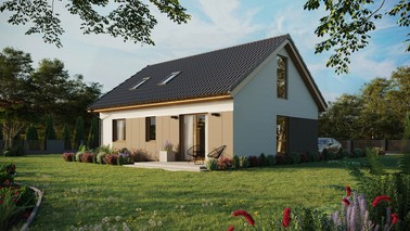 ERDOL 2 - Version Links (Wohnzimmer auf der linken Seite) - Satteldach mit ausgebautem Dachboden -Dachneigung  35 Grad - Dachfenster für Zimmer und Badezimmer - Balkontür im Esszimmer und Bodentiefes Fenster im Dachgeschoss - Styropor, Netz, Kleber - Winchester - Ohne