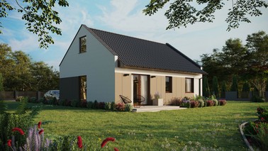 ERDOL 2 - Version Rechts (Wohnzimmer auf der rechten Seite) - Modernes Satteldach mit ausgebautem Dachboden -Dachneigung  35 Grad - keine Dachfenster - Balkontür im Esszimmer - Styropor, Netz, Kleber - Nusbaum - Ohne