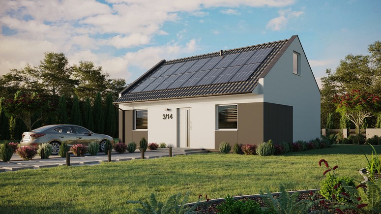 ERDOL 2 - Version Links (Wohnzimmer auf der linken Seite) - Modernes Satteldach mit ausgebautem Dachboden -Dachneigung  35 Grad - keine Dachfenster - Standard - Styropor, Netz, Kleber - Weiß - Photovoltaik-Installation 6,4 kWp (16 Paneele)