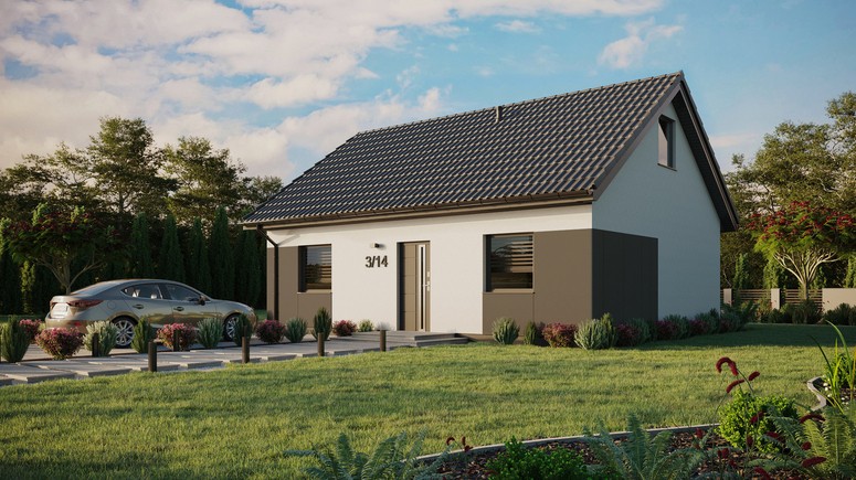 ERDOL 2 - Version Links (Wohnzimmer auf der linken Seite) - Satteldach mit ausgebautem Dachboden -Dachneigung  35 Grad - keine Dachfenster - Standard - Styropor, Netz, Kleber - Anthrazit - Ohne