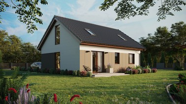 ERDOL 2 - Version Rechts (Wohnzimmer auf der rechten Seite) - Satteldach mit ausgebautem Dachboden -Dachneigung  35 Grad - Zwei-Zimmer-Dachfenster - Balkontür im Esszimmer und Bodentiefes Fenster im Dachgeschoss - Styropor, Netz, Kleber - Nusbaum - Ohne