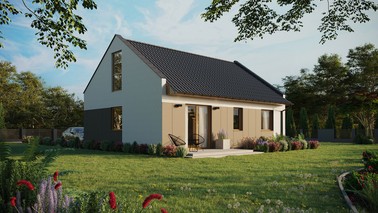 ERDOL 2 - Version Rechts (Wohnzimmer auf der rechten Seite) - Modernes Satteldach mit ausgebautem Dachboden -Dachneigung  35 Grad - keine Dachfenster - Bodentiefes Fenster im Dachgeschoss - Styropor, Netz, Kleber - Winchester - Ohne