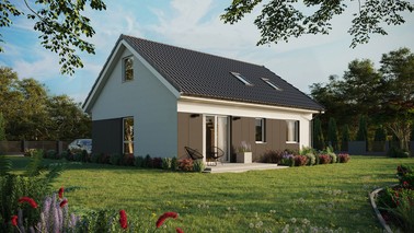 ERDOL 2 - Version Rechts (Wohnzimmer auf der rechten Seite) - Satteldach mit ausgebautem Dachboden -Dachneigung  35 Grad - Dachfenster für Zimmer und Badezimmer - Balkontür im Esszimmer - Styropor, Netz, Kleber - Weiß - Ohne