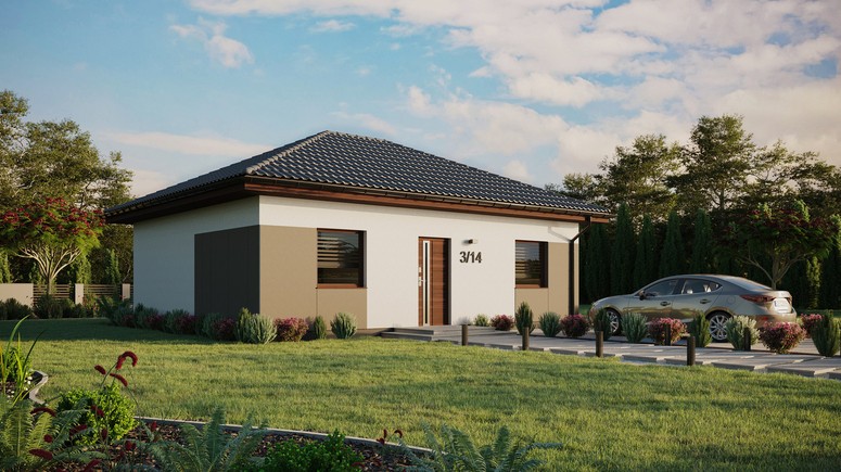 ERDOL 2 - Version Rechts (Wohnzimmer auf der rechten Seite) - Walmdach ohne ausgebautem Dachboden - Dachneigung 25 Grad - keine Dachfenster - Standard - Styropor, Netz, Kleber - Nusbaum