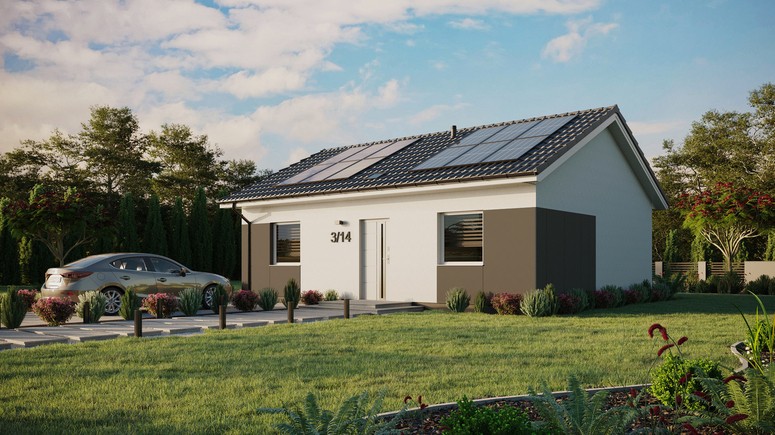 ERDOL 2 - Version Links (Wohnzimmer auf der linken Seite) - Satteldach ohne ausgebautem Dachboden -Dachneigung  25 Grad - Starres Tunneldachfenster - Standard - Styropor, Netz, Kleber - Weiß - Photovoltaik-Installation 4,8 kWp (12 Paneele)