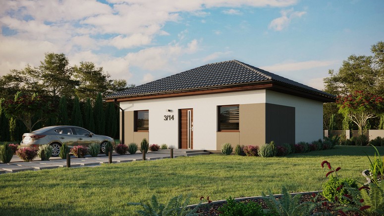 ERDOL 2 - Version Links (Wohnzimmer auf der linken Seite) - Walmdach ohne ausgebautem Dachboden - Dachneigung 25 Grad - keine Dachfenster - Standard - Styropor, Netz, Kleber - Nusbaum