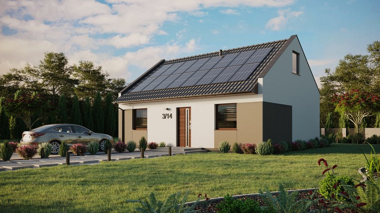 ERDOL 2 - Version Links (Wohnzimmer auf der linken Seite) - Modernes Satteldach mit ausgebautem Dachboden -Dachneigung  35 Grad - keine Dachfenster - Standard - Styropor, Netz, Kleber - Nusbaum - Photovoltaik-Installation 6,4 kWp (16 Paneele)