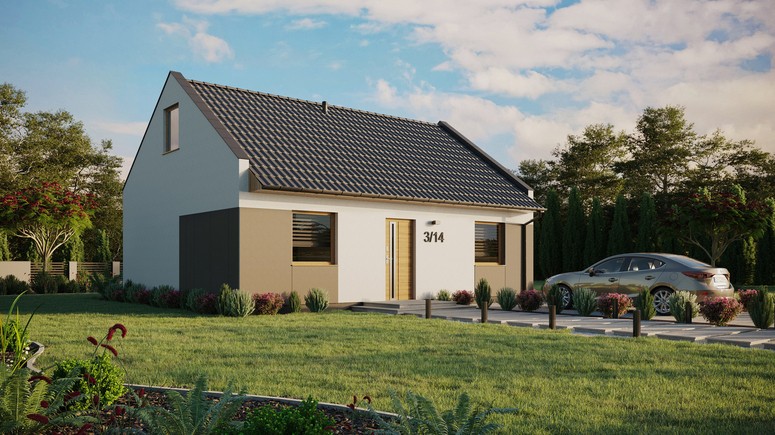 ERDOL 2 - Version Rechts (Wohnzimmer auf der rechten Seite) - Modernes Satteldach mit ausgebautem Dachboden -Dachneigung  35 Grad - keine Dachfenster - Standard - Styropor, Netz, Kleber - Winchester - Ohne