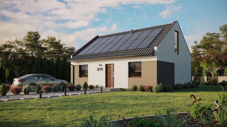 ERDOL 2 - Version Links (Wohnzimmer auf der linken Seite) - Modernes Satteldach mit ausgebautem Dachboden -Dachneigung  35 Grad - keine Dachfenster - Balkontür im Esszimmer und Bodentiefes Fenster im Dachgeschoss - Styropor, Netz, Kleber - Nusbaum - Photovoltaik-Installation 6,4 kWp (16 Paneele)