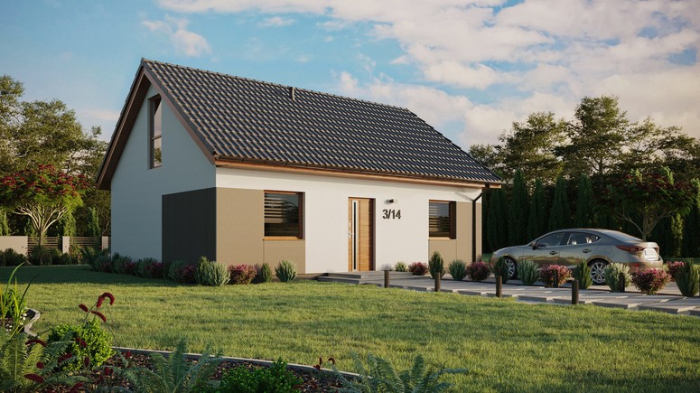 ERDOL 2 - Version Rechts (Wohnzimmer auf der rechten Seite) - Satteldach mit ausgebautem Dachboden -Dachneigung  35 Grad - keine Dachfenster - Balkontür im Esszimmer und Bodentiefes Fenster im Dachgeschoss - Styropor, Netz, Kleber - Goldene Eiche - Ohne