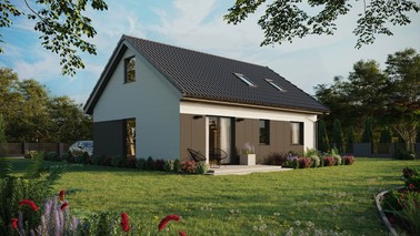 ERDOL 2 - Version Rechts (Wohnzimmer auf der rechten Seite) - Satteldach mit ausgebautem Dachboden -Dachneigung  35 Grad - Dachfenster für Zimmer und Badezimmer - Balkontür im Esszimmer - Styropor, Netz, Kleber - Anthrazit - Ohne