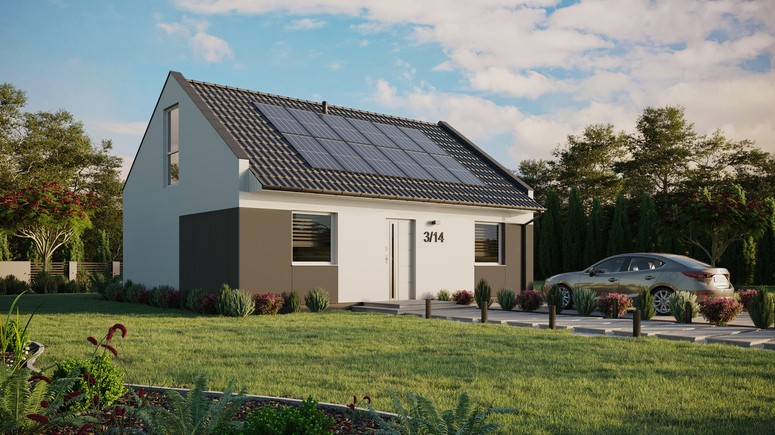 ERDOL 2 - Version Rechts (Wohnzimmer auf der rechten Seite) - Modernes Satteldach mit ausgebautem Dachboden -Dachneigung  35 Grad - Dachfenster für Zimmer und Badezimmer - Balkontür im Esszimmer und Bodentiefes Fenster im Dachgeschoss - Styropor, Netz, Kleber - Weiß - Photovoltaik-Installation 4,8 kWp (12 Paneele)