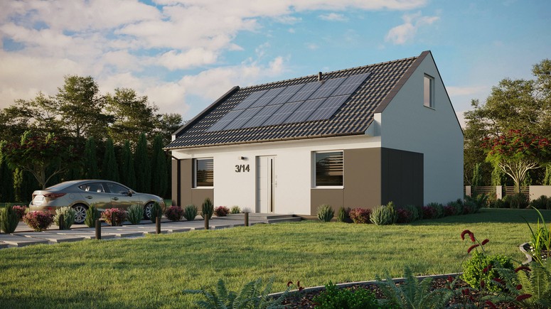 ERDOL 2 - Version Links (Wohnzimmer auf der linken Seite) - Modernes Satteldach mit ausgebautem Dachboden -Dachneigung  35 Grad - keine Dachfenster - Standard - Styropor, Netz, Kleber - Weiß - Photovoltaik-Installation 4,8 kWp (12 Paneele)