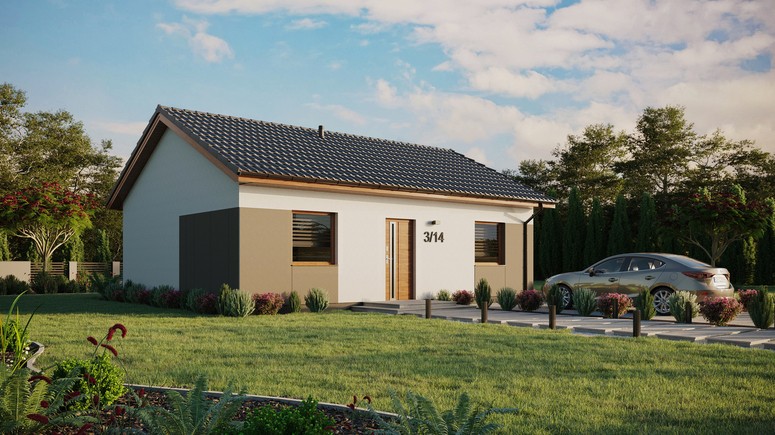 ERDOL 2 - Version Rechts (Wohnzimmer auf der rechten Seite) - Satteldach ohne ausgebautem Dachboden -Dachneigung  25 Grad - keine Dachfenster - Standard - Styropor, Netz, Kleber - Goldene Eiche - Ohne