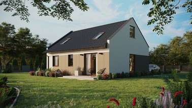 ERDOL 2 - Version Links (Wohnzimmer auf der linken Seite) - Modernes Satteldach mit ausgebautem Dachboden -Dachneigung  35 Grad - Zwei-Zimmer-Dachfenster - Balkontür im Esszimmer - Styropor, Netz, Kleber - Nusbaum - Ohne