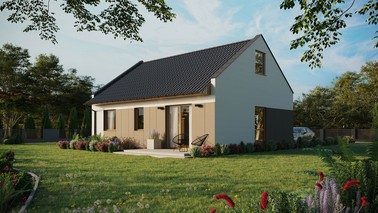 ERDOL 2 - Version Links (Wohnzimmer auf der linken Seite) - Modernes Satteldach mit ausgebautem Dachboden -Dachneigung  35 Grad - keine Dachfenster - Balkontür im Esszimmer - Styropor, Netz, Kleber - Winchester - Ohne