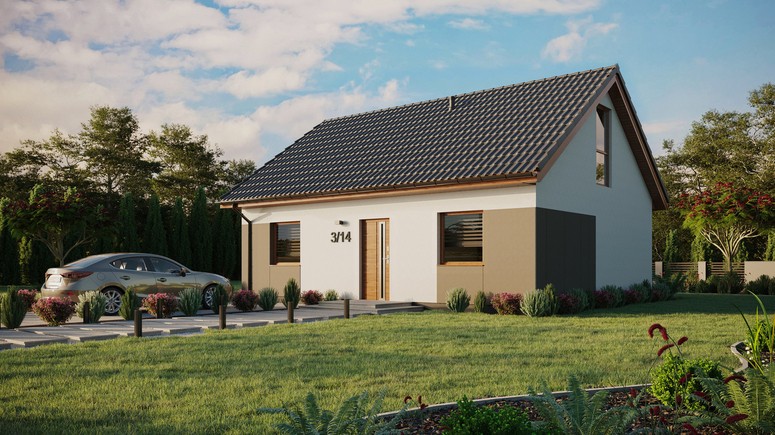 ERDOL 2 - Version Links (Wohnzimmer auf der linken Seite) - Satteldach mit ausgebautem Dachboden -Dachneigung  35 Grad - keine Dachfenster - Balkontür im Esszimmer und Bodentiefes Fenster im Dachgeschoss - Styropor, Netz, Kleber - Goldene Eiche - Ohne