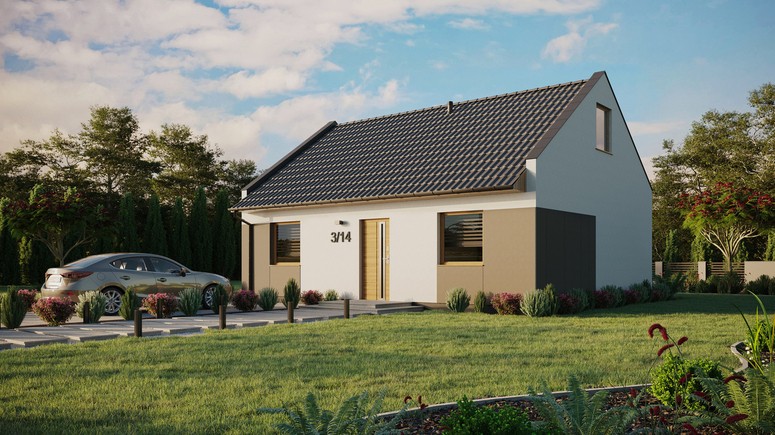 ERDOL 2 - Version Links (Wohnzimmer auf der linken Seite) - Modernes Satteldach mit ausgebautem Dachboden -Dachneigung  35 Grad - keine Dachfenster - Standard - Styropor, Netz, Kleber - Winchester - Ohne