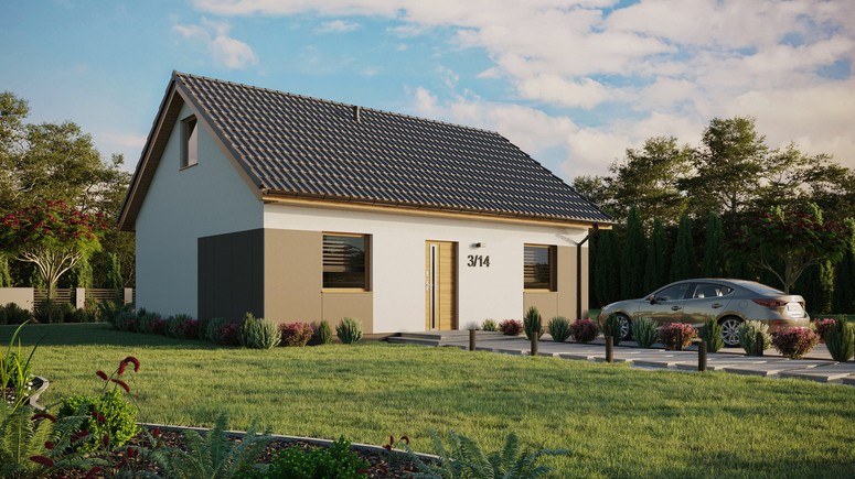 ERDOL 2 - Version Rechts (Wohnzimmer auf der rechten Seite) - Satteldach mit ausgebautem Dachboden -Dachneigung  35 Grad - keine Dachfenster - Standard - Styropor, Netz, Kleber - Winchester - Ohne