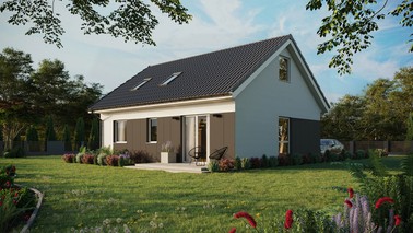 ERDOL 2 - Version Links (Wohnzimmer auf der linken Seite) - Satteldach mit ausgebautem Dachboden -Dachneigung  35 Grad - Dachfenster für Zimmer und Badezimmer - Balkontür im Esszimmer - Styropor, Netz, Kleber - Weiß - Ohne