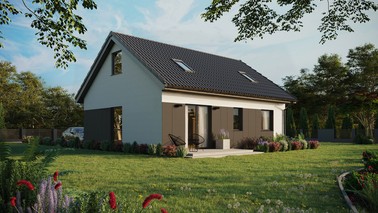 ERDOL 2 - Version Rechts (Wohnzimmer auf der rechten Seite) - Satteldach mit ausgebautem Dachboden -Dachneigung  35 Grad - Zwei-Zimmer-Dachfenster - Balkontür im Esszimmer - Styropor, Netz, Kleber - Anthrazit - Ohne