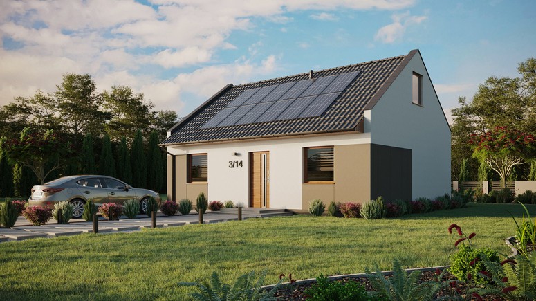 ERDOL 2 - Version Links (Wohnzimmer auf der linken Seite) - Modernes Satteldach mit ausgebautem Dachboden -Dachneigung  35 Grad - keine Dachfenster - Standard - Styropor, Netz, Kleber - Goldene Eiche - Photovoltaik-Installation 4,8 kWp (12 Paneele)