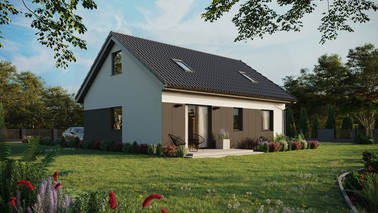 ERDOL 2 - Version Rechts (Wohnzimmer auf der rechten Seite) - Satteldach mit ausgebautem Dachboden -Dachneigung  35 Grad - Zwei-Zimmer-Dachfenster - Standard - Styropor, Netz, Kleber - Anthrazit - Ohne