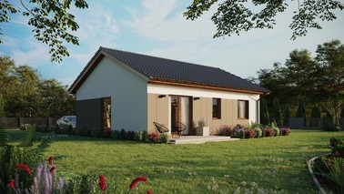 ERDOL 2 - Version Rechts (Wohnzimmer auf der rechten Seite) - Satteldach ohne ausgebautem Dachboden -Dachneigung  25 Grad - keine Dachfenster - Balkontür im Esszimmer - Styropor, Netz, Kleber - Goldene Eiche - Ohne