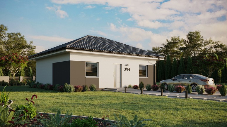 ERDOL 2 - Version Rechts (Wohnzimmer auf der rechten Seite) - Walmdach ohne ausgebautem Dachboden - Dachneigung 25 Grad - keine Dachfenster - Standard - Styropor, Netz, Kleber - Weiß