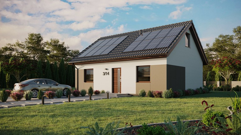 ERDOL 2 - Version Links (Wohnzimmer auf der linken Seite) - Satteldach mit ausgebautem Dachboden -Dachneigung  35 Grad - keine Dachfenster - Standard - Styropor, Netz, Kleber - Nusbaum - Photovoltaik-Installation 6,4 kWp (16 Paneele)